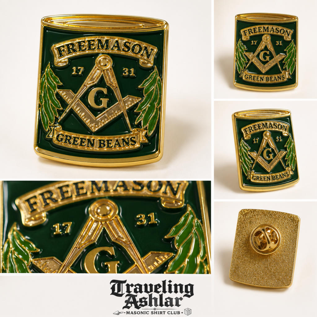Front, detail and back views of the Traveling Ashlar Masonic Canned Green Beans Lapel Pin