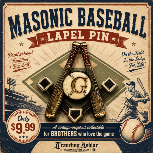 Masonic Baseball Lapel Pin promo card — vintage ballpark poster showing the crossed-bat Square and Compasses pin, only $9.99 from Traveling Ashlar