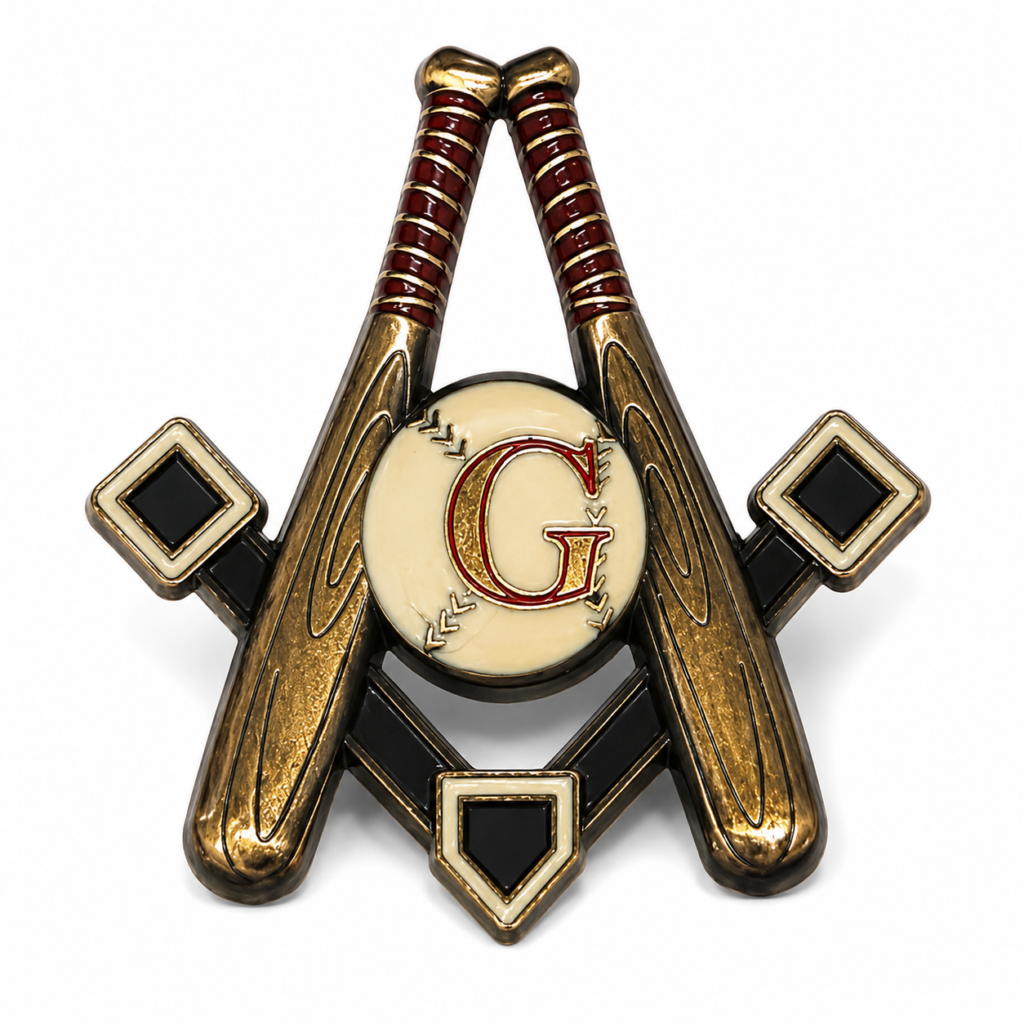 Traveling Ashlar Masonic Baseball Lapel Pin, front, with crossed bats forming the Square and Compasses around a baseball G
