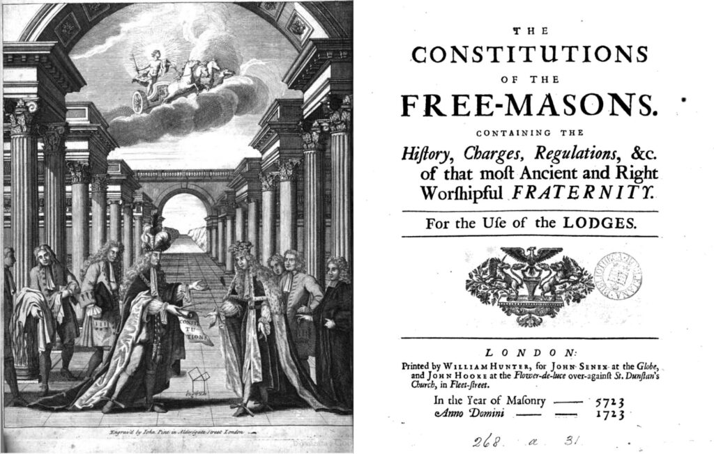 Frontispiece and title page of Anderson's Constitutions of the Freemasons, 1723
