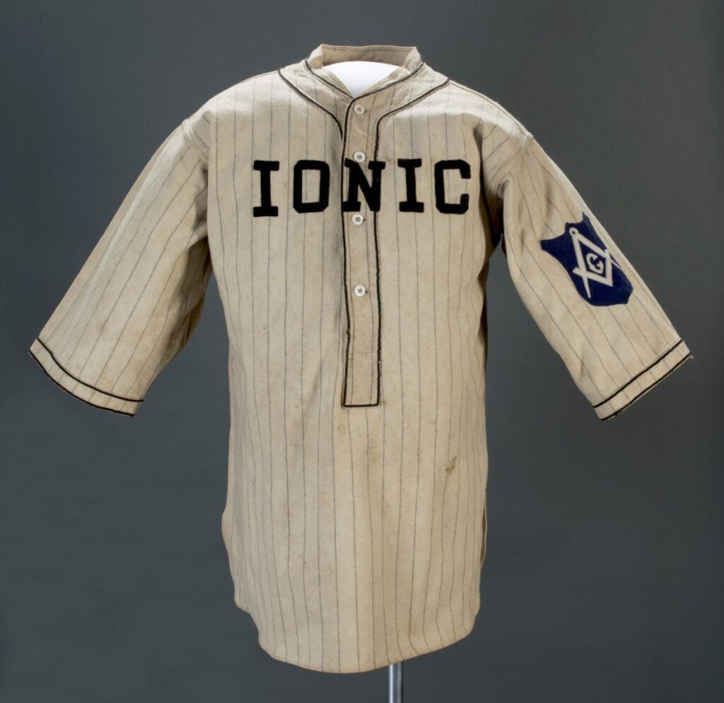 Ionic pinstriped Masonic baseball jersey with Square and Compasses sleeve patch, 1916-1925