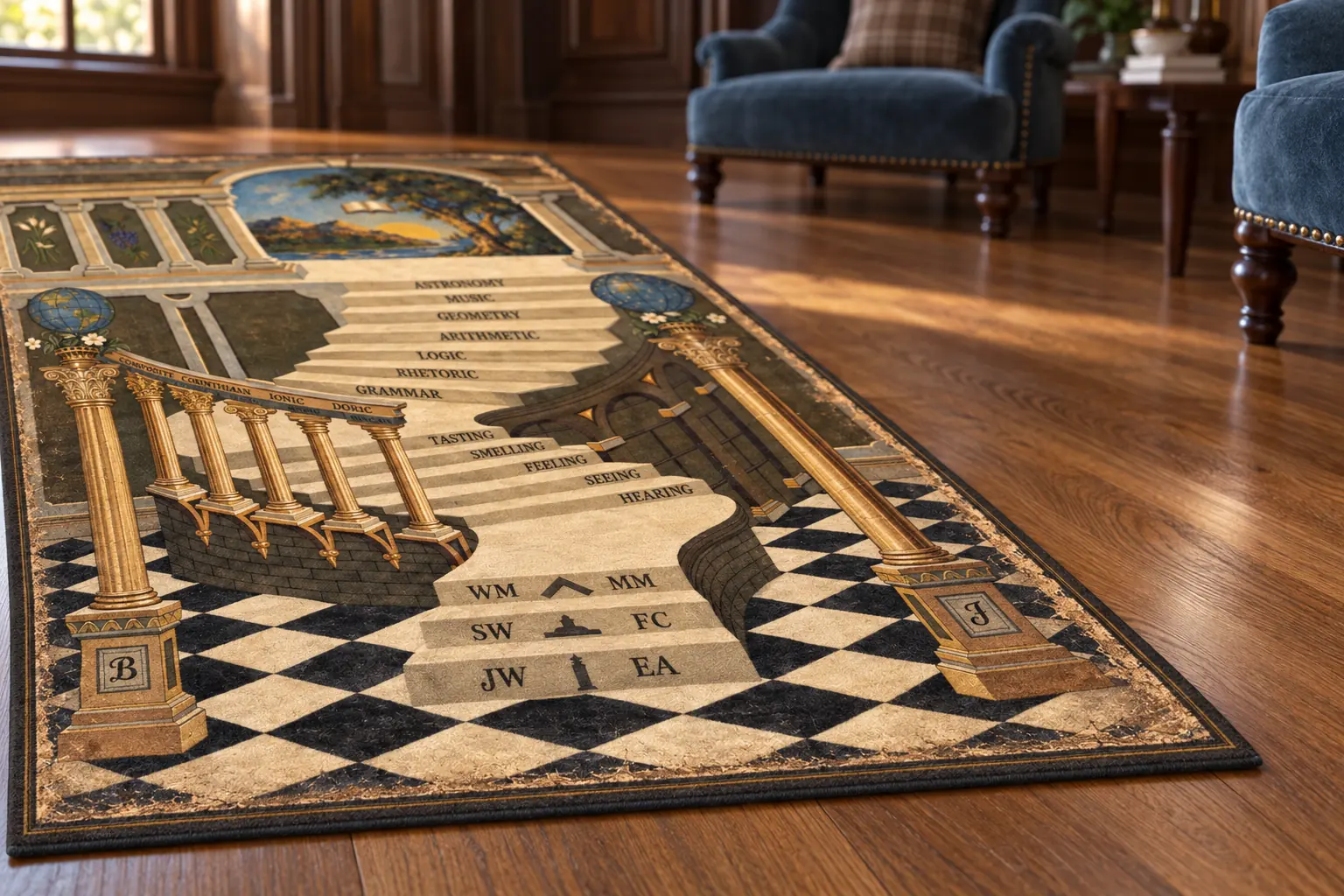 Angled digital view of the rug’s printed artwork and edge. Traveling Ashlar Masonic shirt club