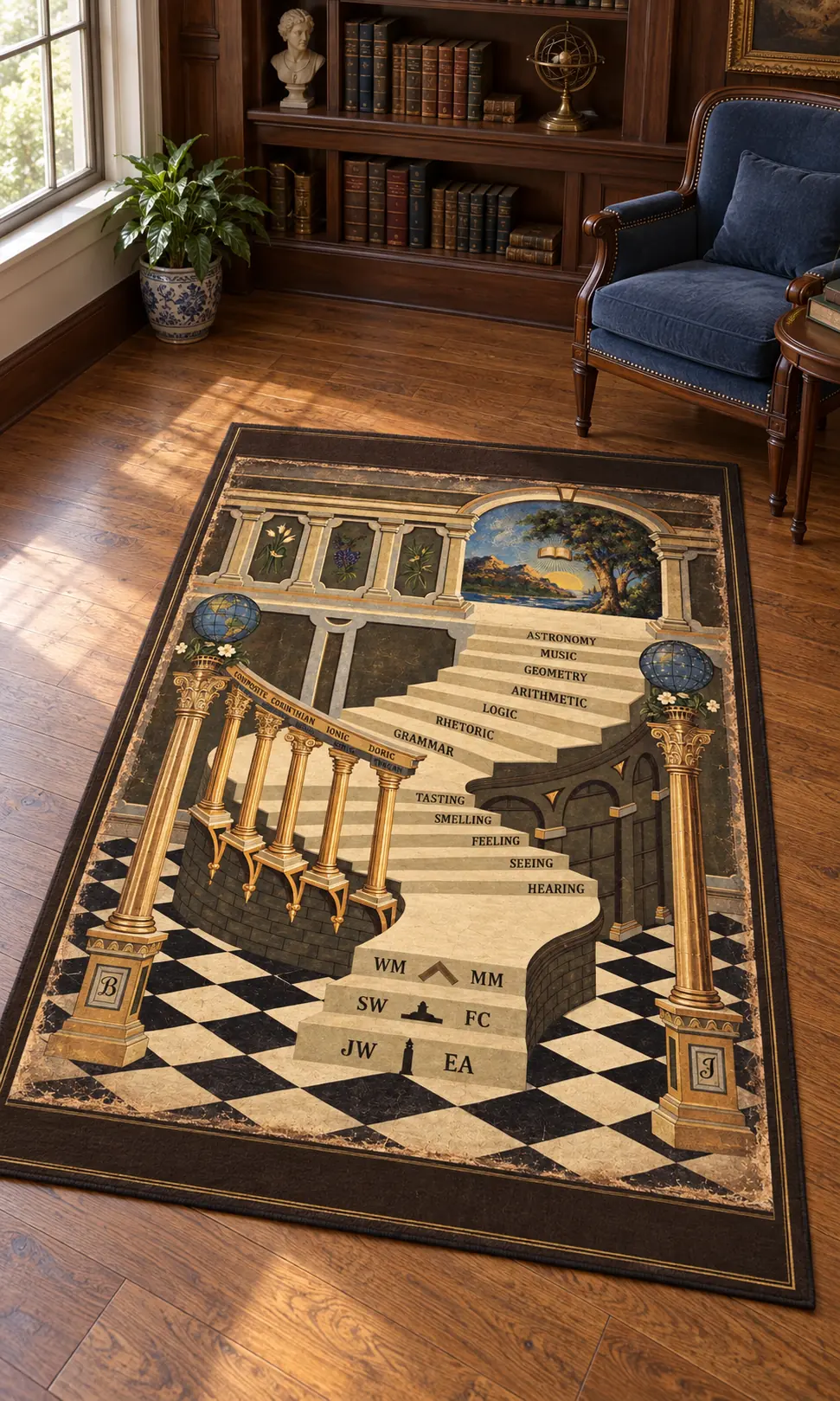 Digital mockup of the 3 by 5 foot Masonic rug beside a reading chair. Traveling Ashlar Masonic shirt club