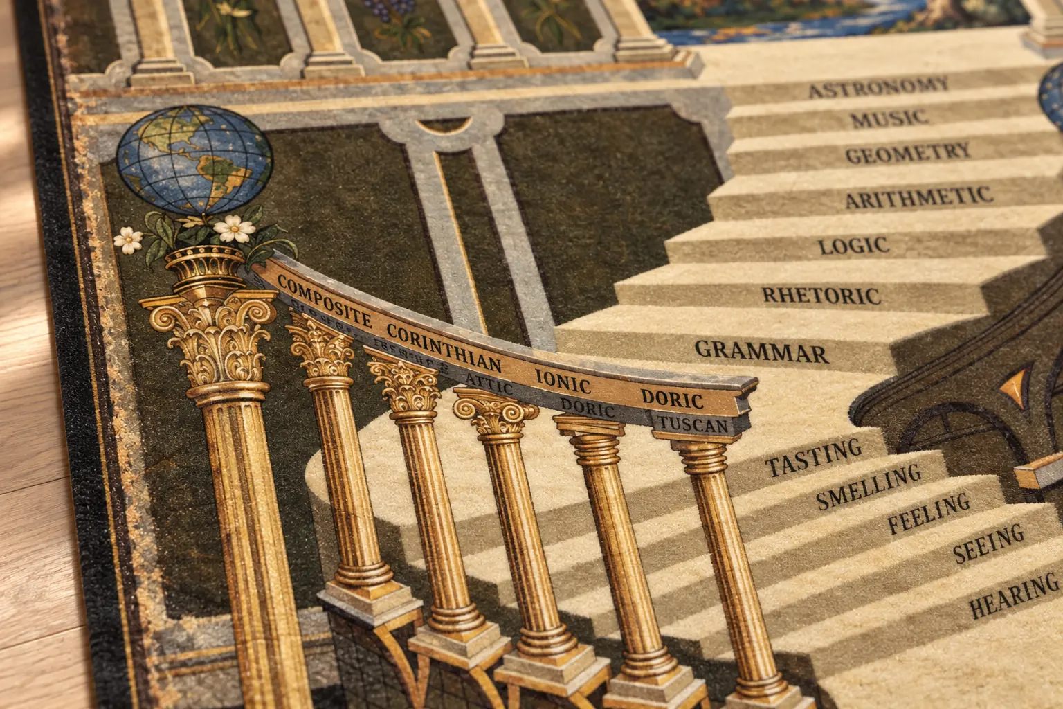 Illustrative velvet surface detail of the printed columns and staircase. Traveling Ashlar Masonic shirt club