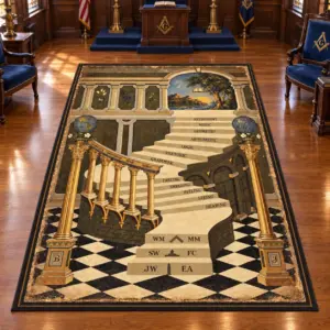 Digital mockup of a Masonic winding staircase rug in a wood-paneled lodge