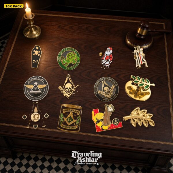 Traveling Ashlar Masonic lapel pin 10-pack laid out on a lodge table