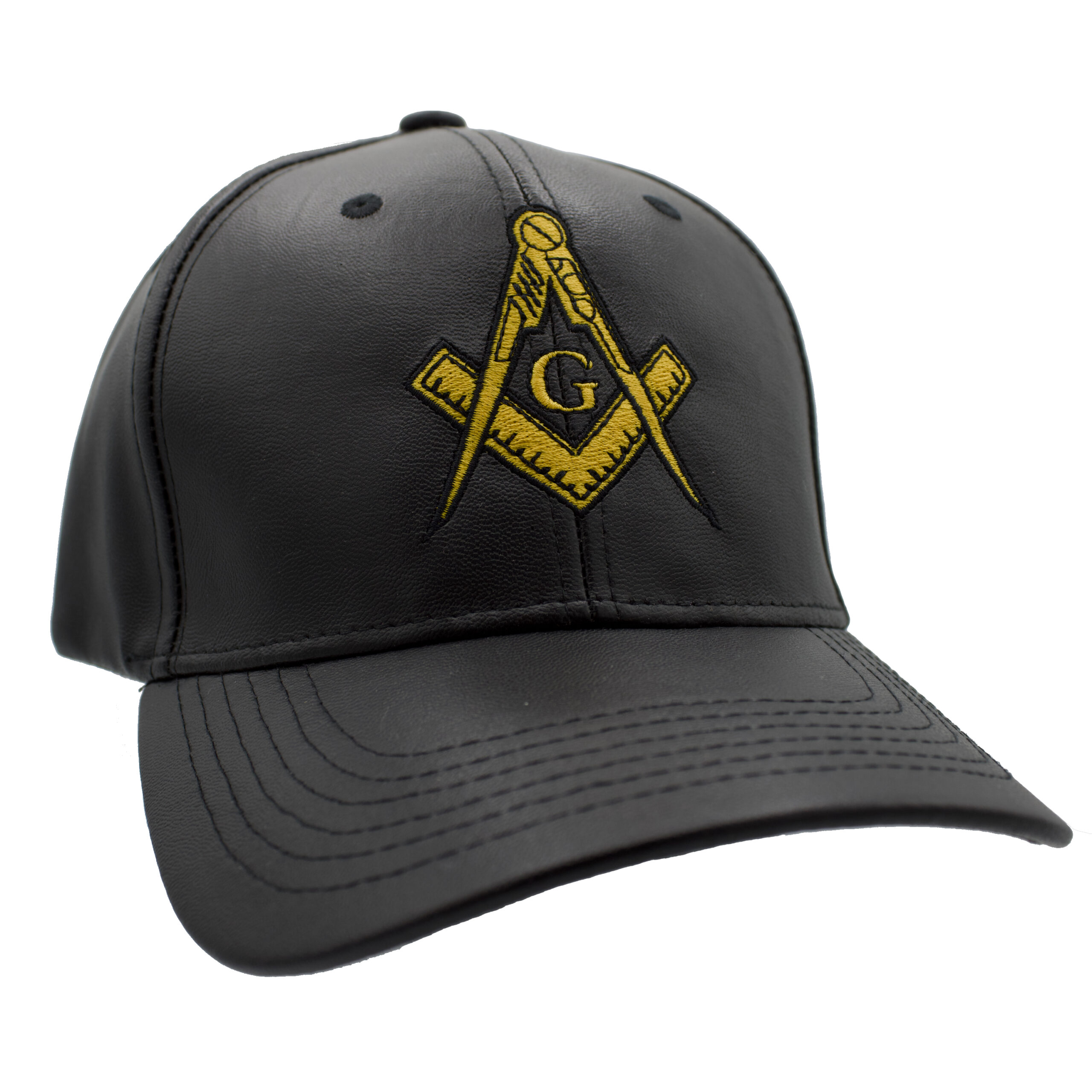 Black PU leather Masonic cap with embroidered emblem additional view. Traveling Ashlar Masonic shirt club