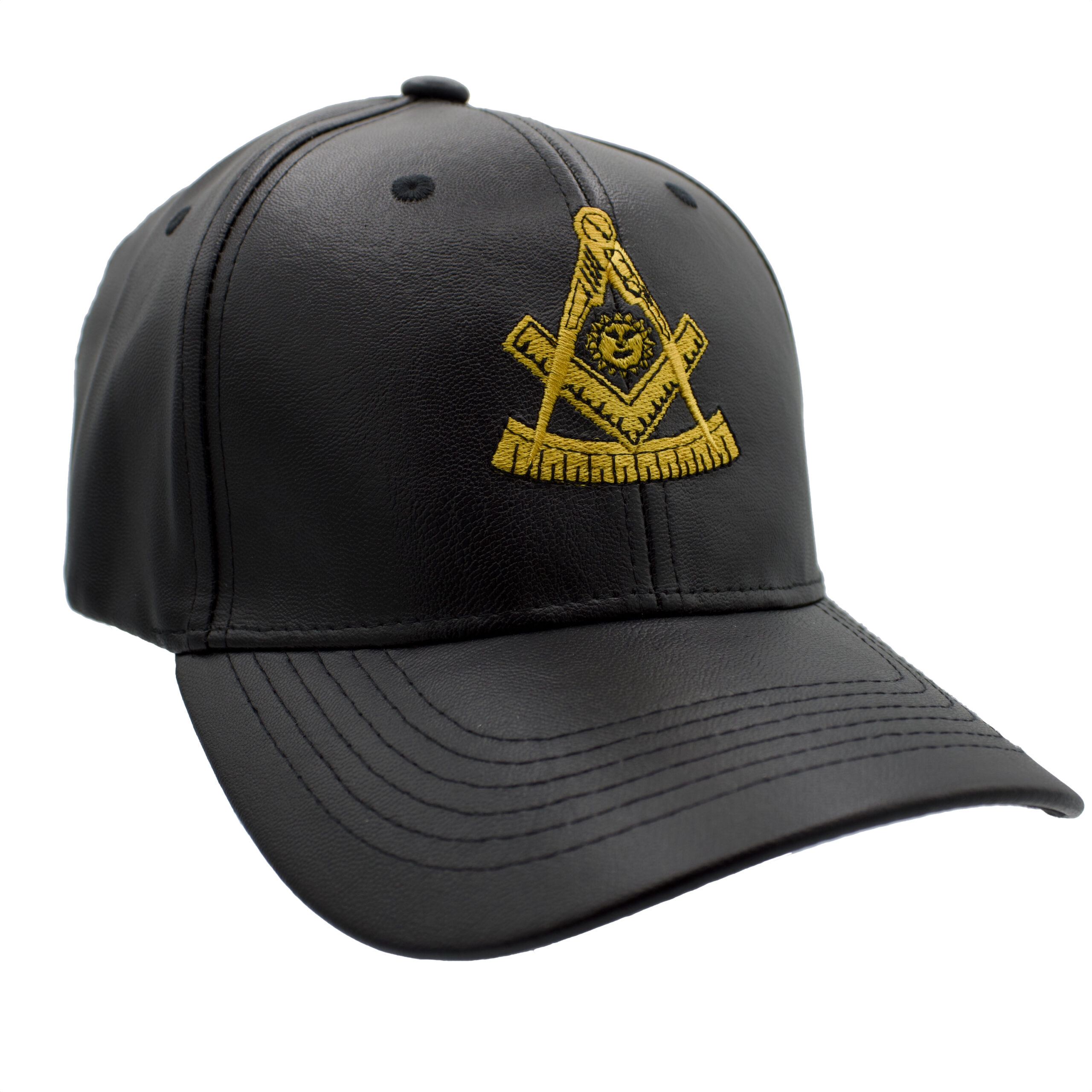 Black Past Master PU leather hat with embroidered emblem additional view. Traveling Ashlar Masonic shirt club