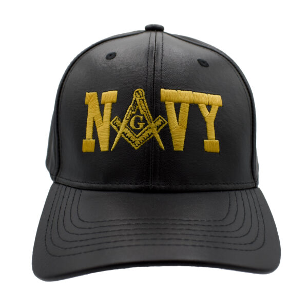 Black Navy Mason PU leather cap with embroidered design
