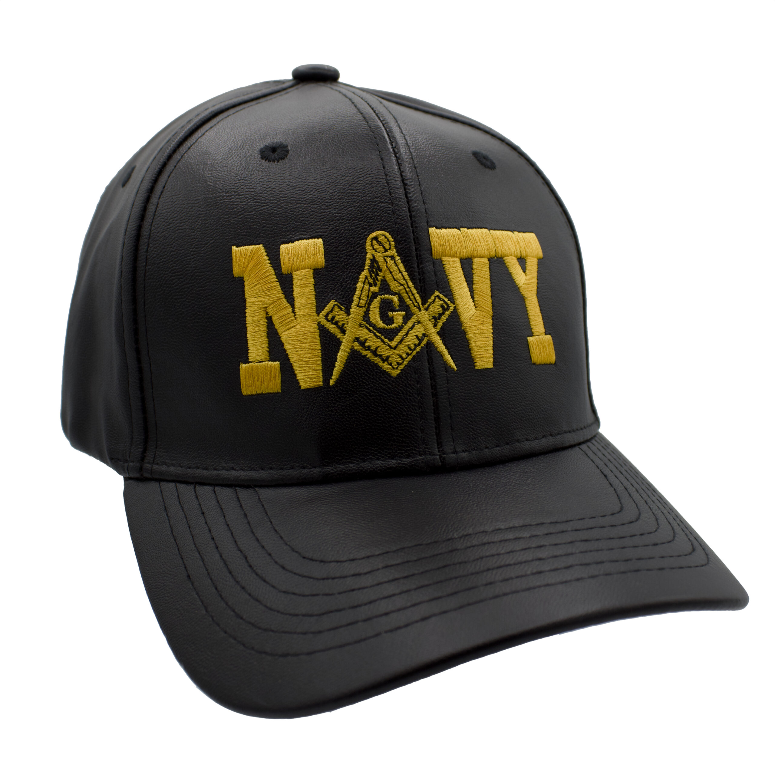 Black Navy Mason PU leather cap with embroidered design additional view. Traveling Ashlar Masonic shirt club