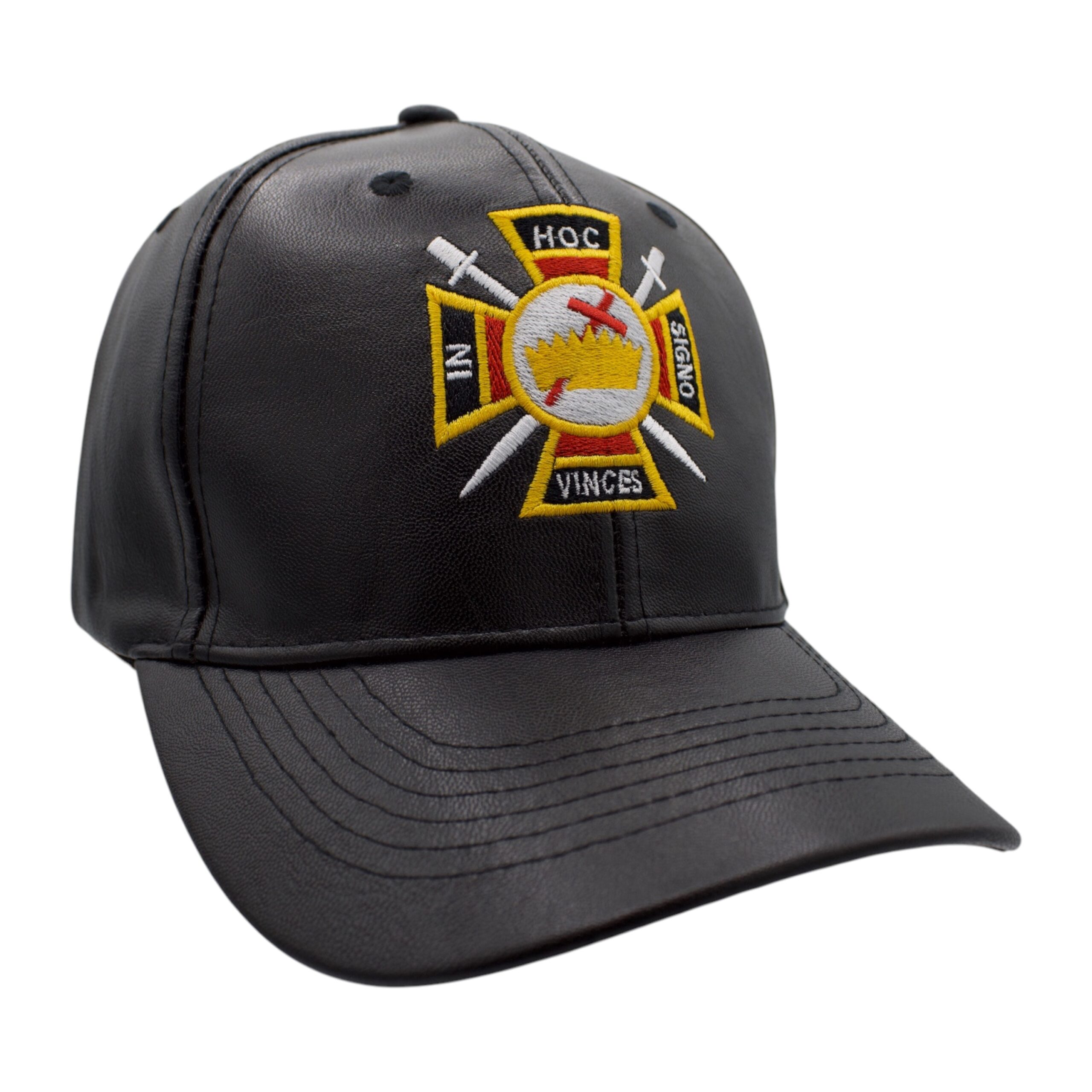 Black Knights Templar PU leather embroidered baseball cap additional view. Traveling Ashlar Masonic shirt club