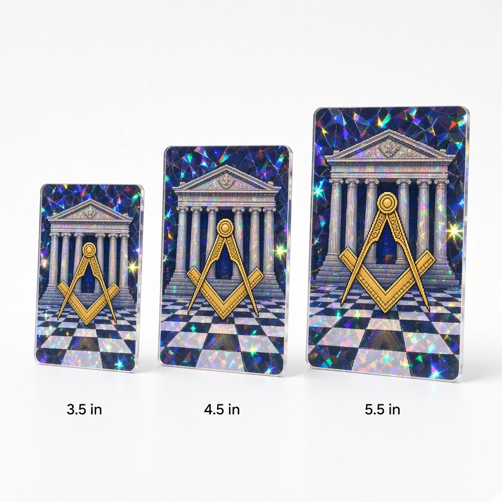Size comparison of 3.5 inch, 4.5 inch, and 5.5 inch holographic acrylic cards.