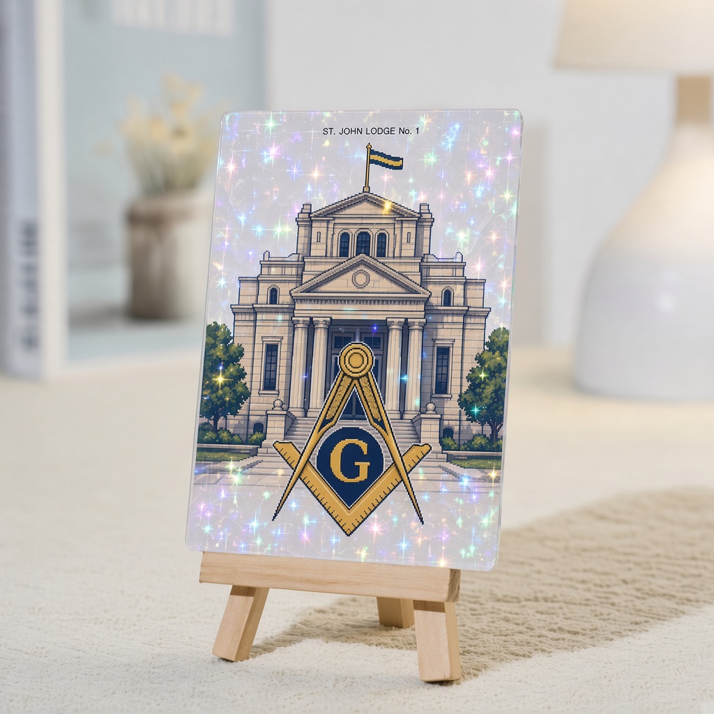 Holographic acrylic card on a small wood display easel.