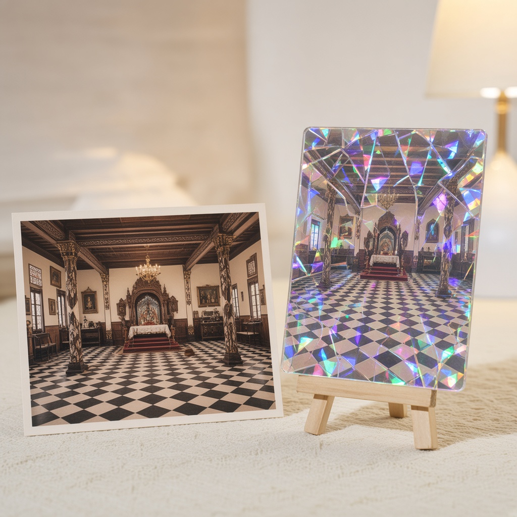 Example of a lodge photograph printed onto a holographic acrylic card.